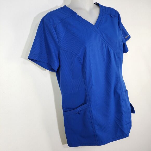 Elle Womens Scrub Top XS Mock Wrap EL620 Royal Blue Patch Pockets Tonal Texture - Picture 4 of 10